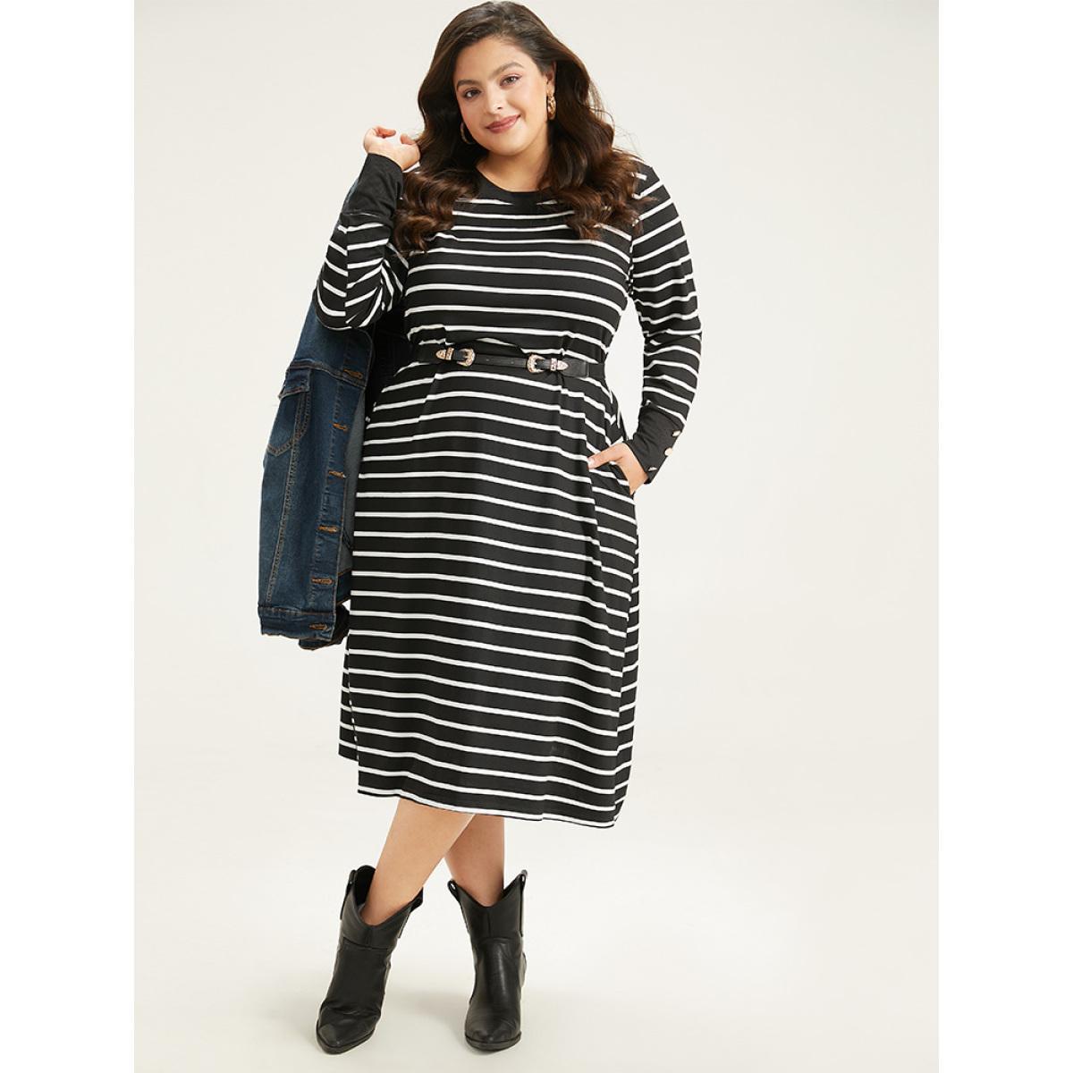 Plus Size Rib Knit Striped Button Detail Patchwork Dress Black Women Casual Printed Round Neck Long Sleeve Curvy Midi Dress BloomChic 30/6X Product Image