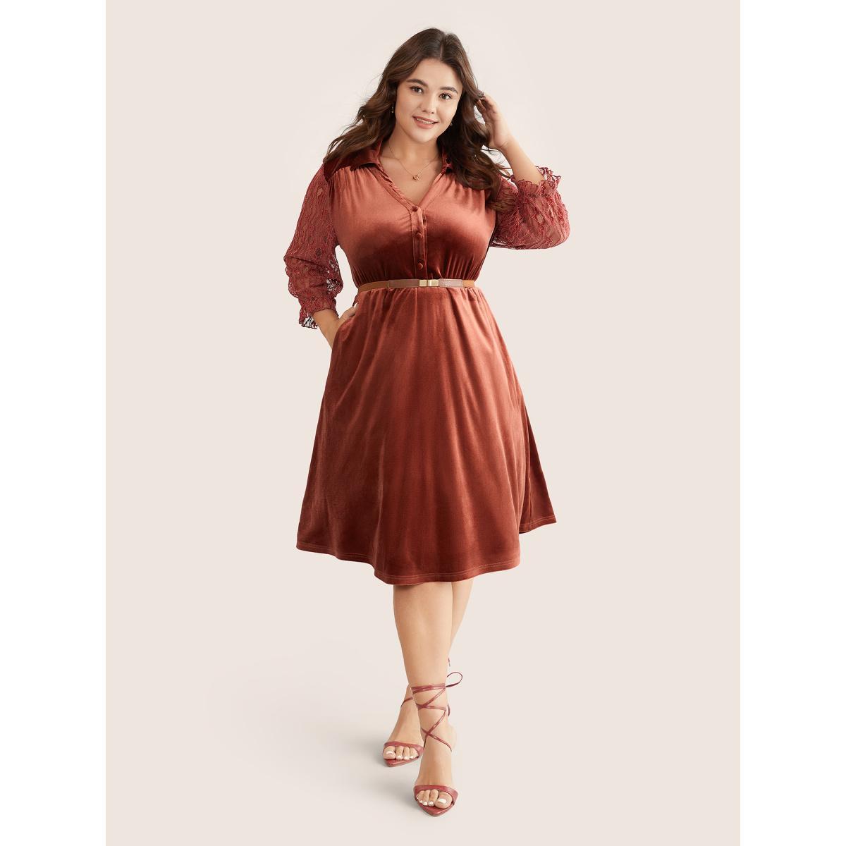 Plus Size Velvet Solid Guipure Lace Flutter Sleeve Dress Russet Women Elegant Velvet Lapel Collar Long Sleeve Curvy Midi Dress BloomChic 10/M Product Image
