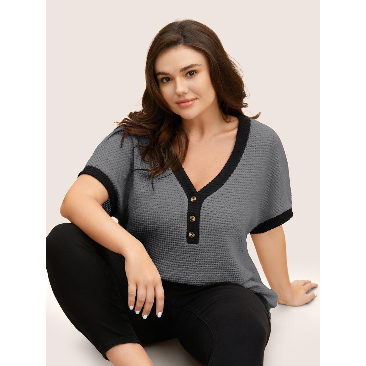 Plus Size V Neck Contrast Button Detail Knit T-shirt DimGray Women Casual Texture V-neck Everyday T-shirts BloomChic 14-16/1X Product Image