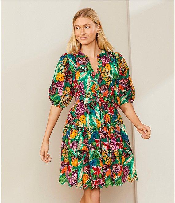 Gibson & Latimer Tropical Print Eyelet Split Neck Elbow Puff Sleeve Button Front Scallop Hem Dress Product Image