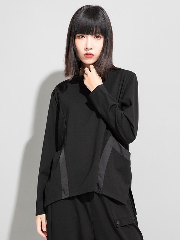 Casual Loose Long Sleeves Split-Joint Solid Color Stand Collar T-Shirts Tops Product Image