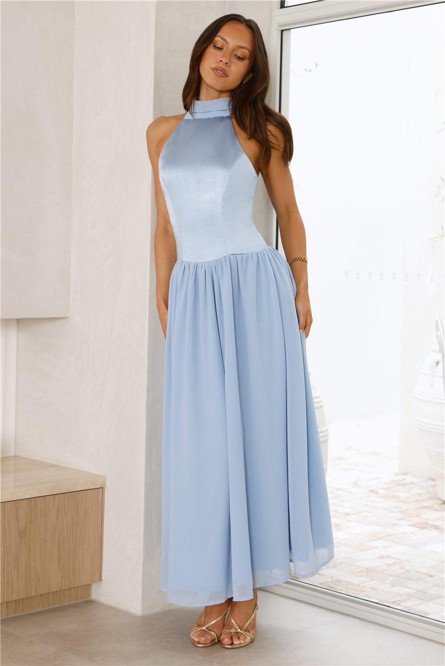 Lovely Magic Satin Halter Maxi Dress Blue Product Image