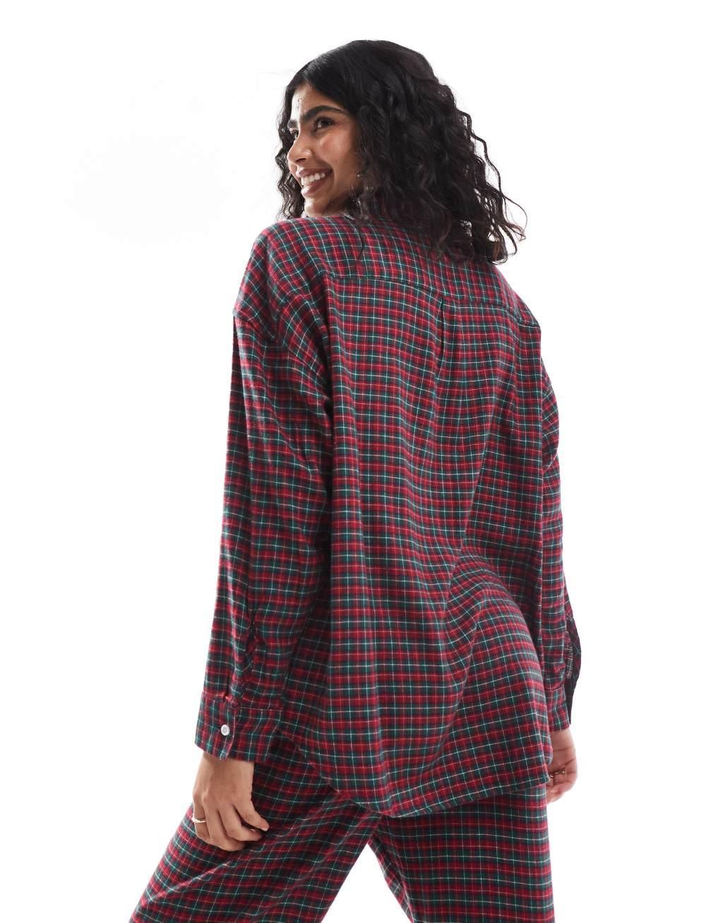 Cotton On relaxed flannel pajama shirt in red micro check set Product Image