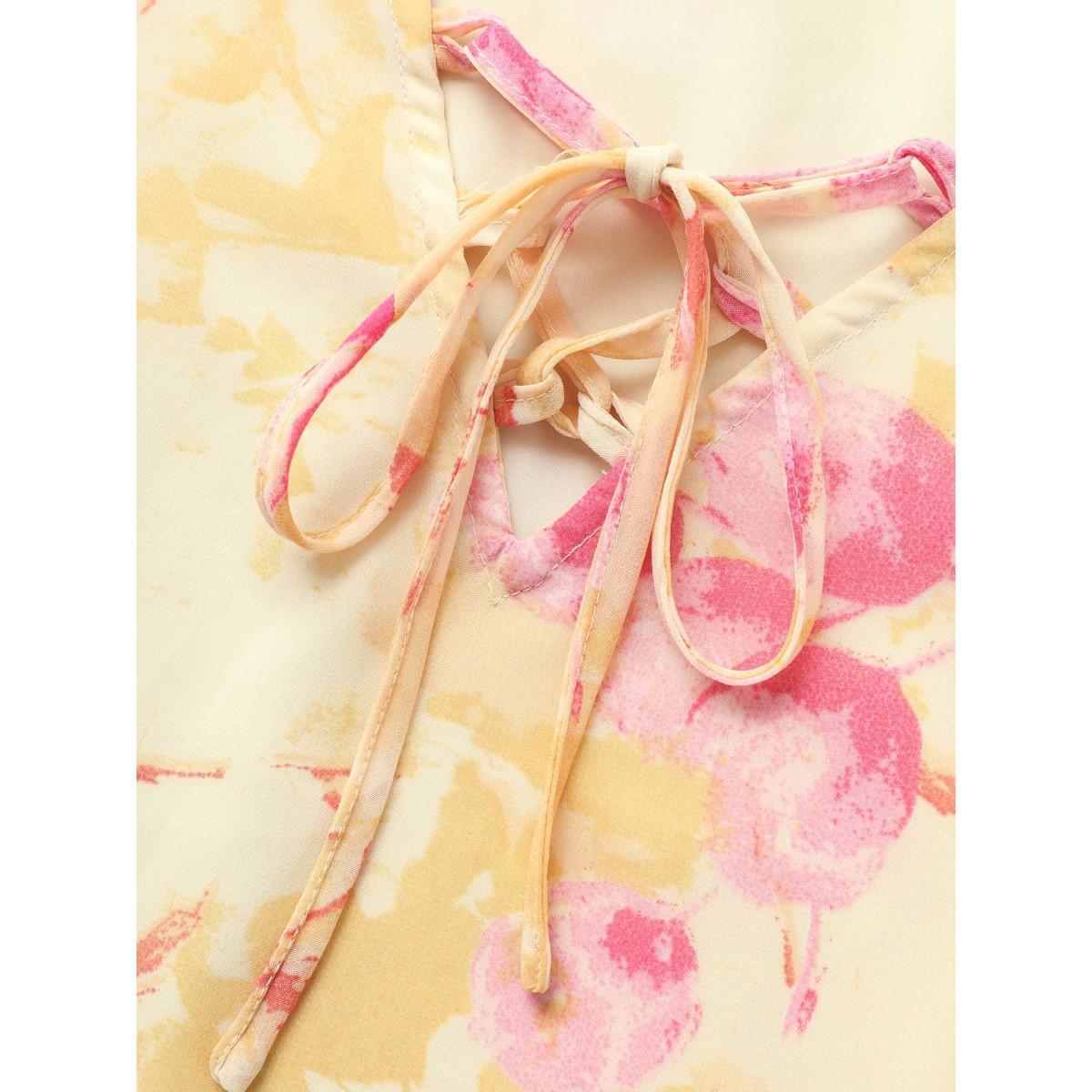 Plus Size Lightyellow Floral Flutter Sleeve Lace Up Blouse Women Elegant Half Sleeve V-neck Everyday Blouses BloomChic 12/L Product Image