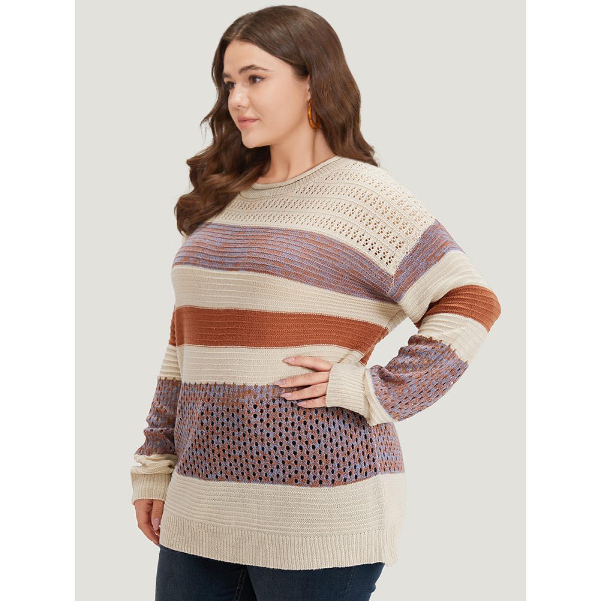 Plus Size Colorblock Contrast Drop Shoulder Cut Out Pullover Multicolor Women Casual Loose Long Sleeve Round Neck Dailywear Pullovers BloomChic 28/5X Product Image