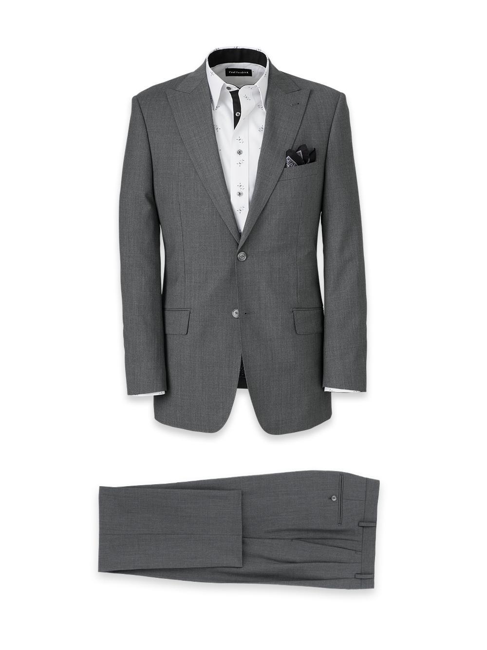 Wool Stretch Bengaline Single Breasted Peak Lapel Suit - Grey Product Image