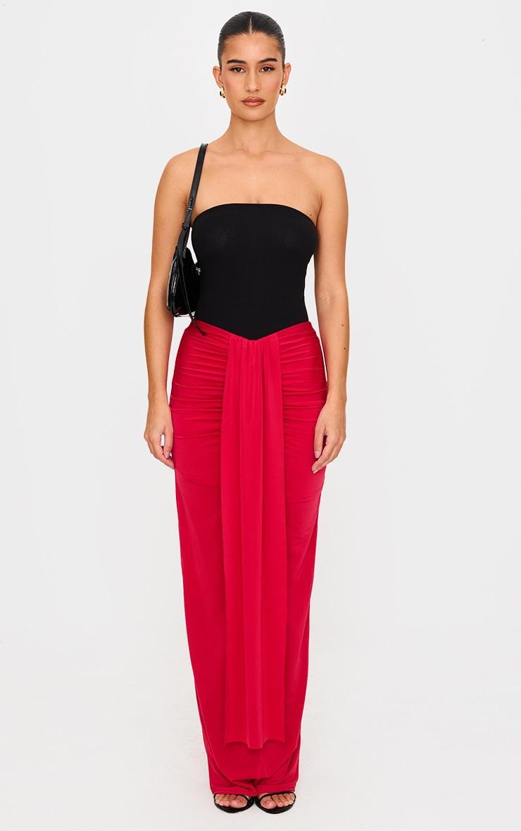 Red Slinky Drape Front Ruched Maxi Skirt Product Image