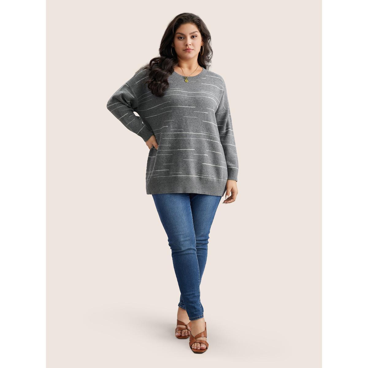 Plus Size Supersoft Essentials Asymmetrical Striped Round Neck Pullover Gray Women Casual Long Sleeve Round Neck Everyday Pullovers BloomChic 28/5X Product Image