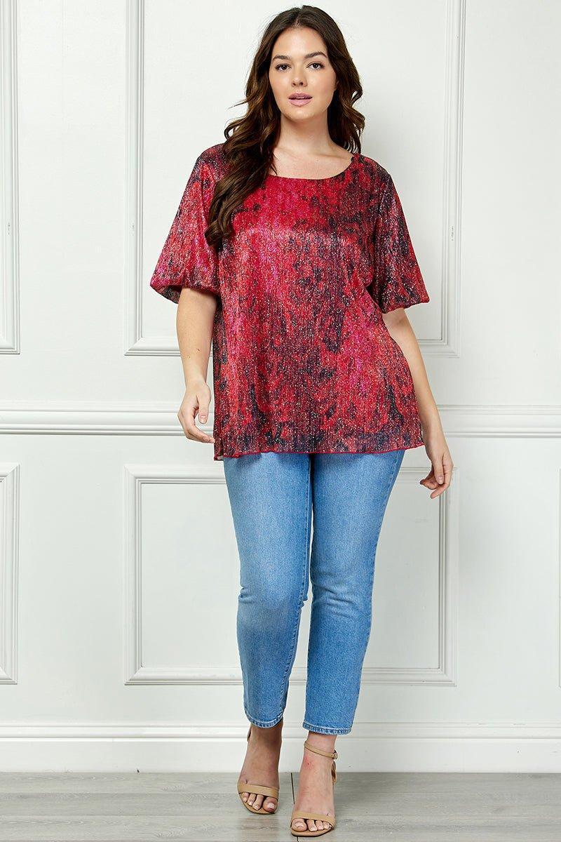 Short Puff Sleeve Scoop Neck Bubble Blouse- Blk/Burgundy/Red- Plus Product Image