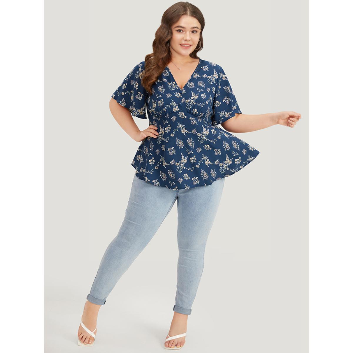 Plus Size Indigo Floral Print Flutter Sleeve Button Detail Blouse Women Elegant Short sleeve V-neck Dailywear Blouses BloomChic 30/6X Product Image