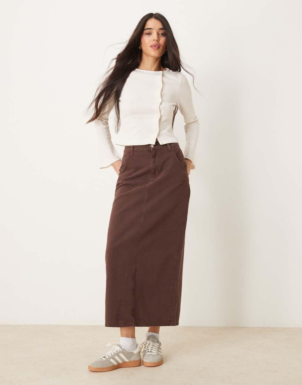 ASOS DESIGN denim maxi skirt with back slit in brown tint Product Image
