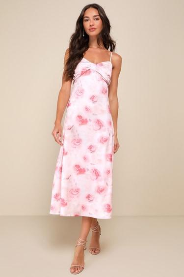 Easily Radiant Pink Floral Print Tie-Back Midi Dress Product Image