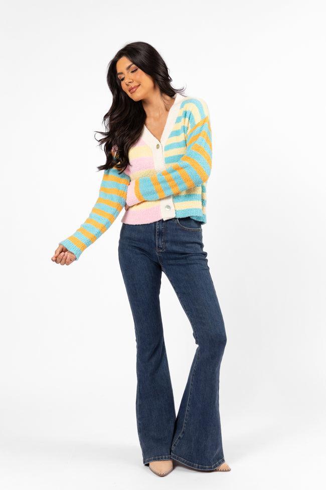 Check It Out Yellow, Blue, and Pink Fuzzy Cardigan SALE Product Image