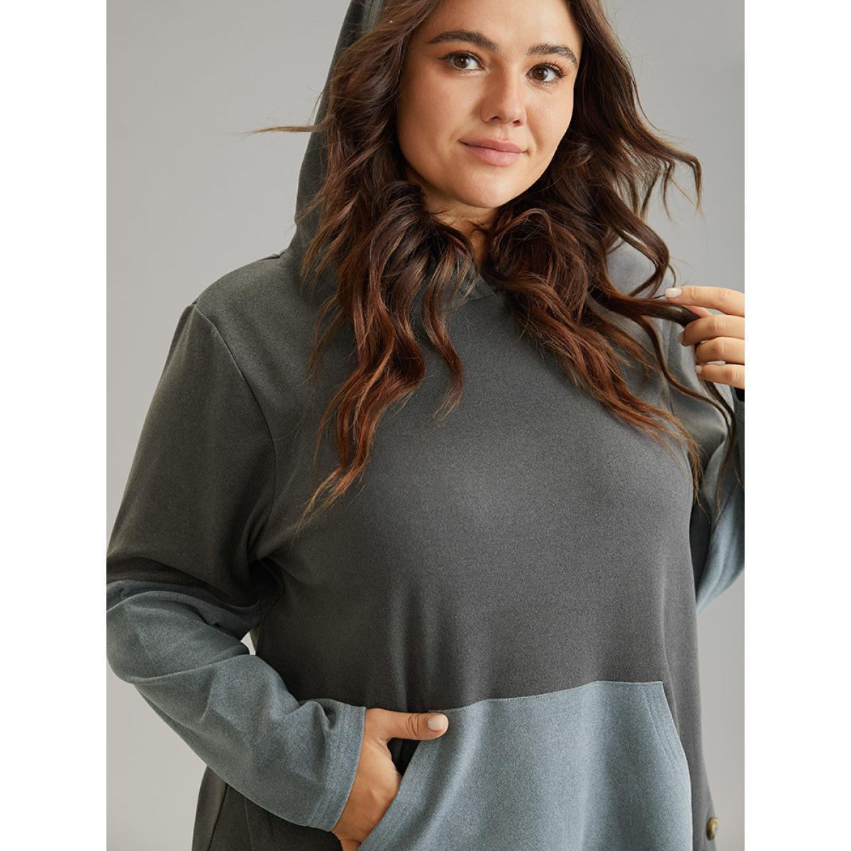 Plus Size Contrast Kangaroo Pocket Hooded Button Detail Sweatshirt Women DimGray Elegant Contrast Hooded Dailywear Sweatshirts BloomChic 28/5X Product Image
