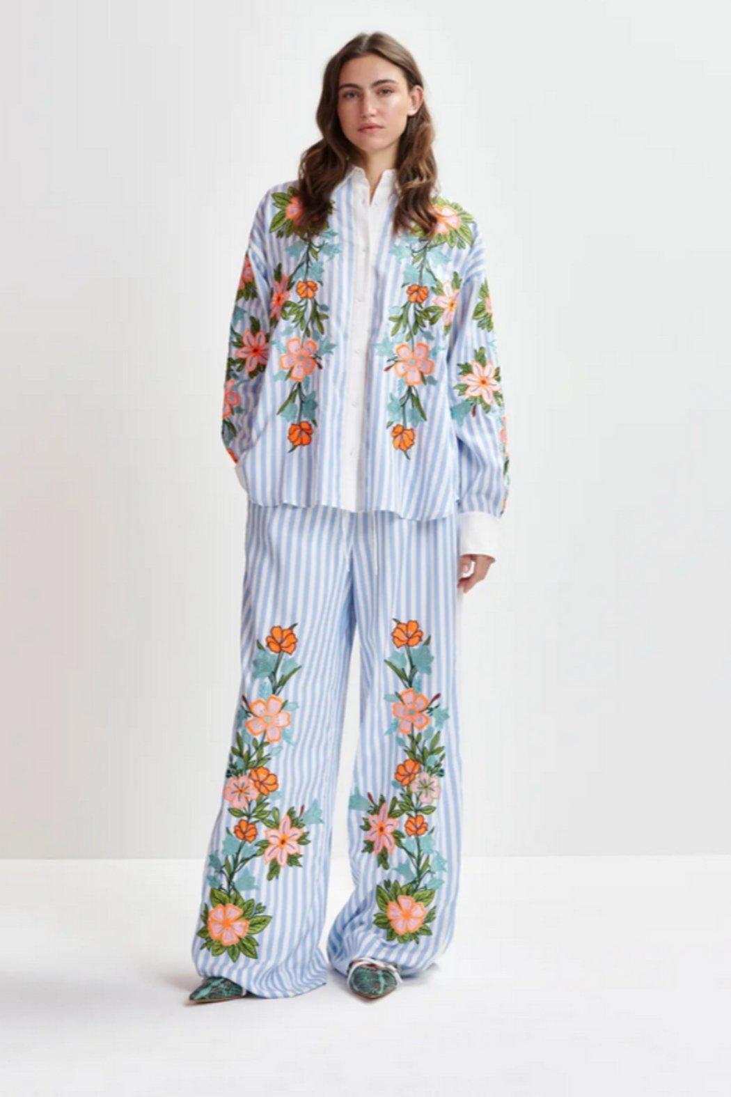 Blue, white and multicolored wide-leg pants with contrast border and embroideries Product Image
