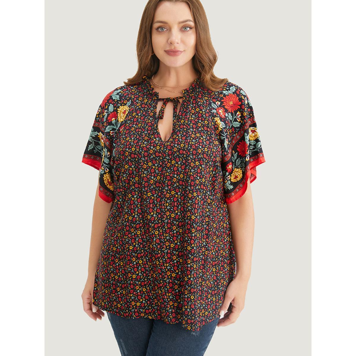 Plus Size Black Ditsy Floral Tie Neck Ruffles Raglan Sleeve Blouse Women Vacation Short sleeve V-neck Dailywear Blouses BloomChic 14-16/1X Product Image