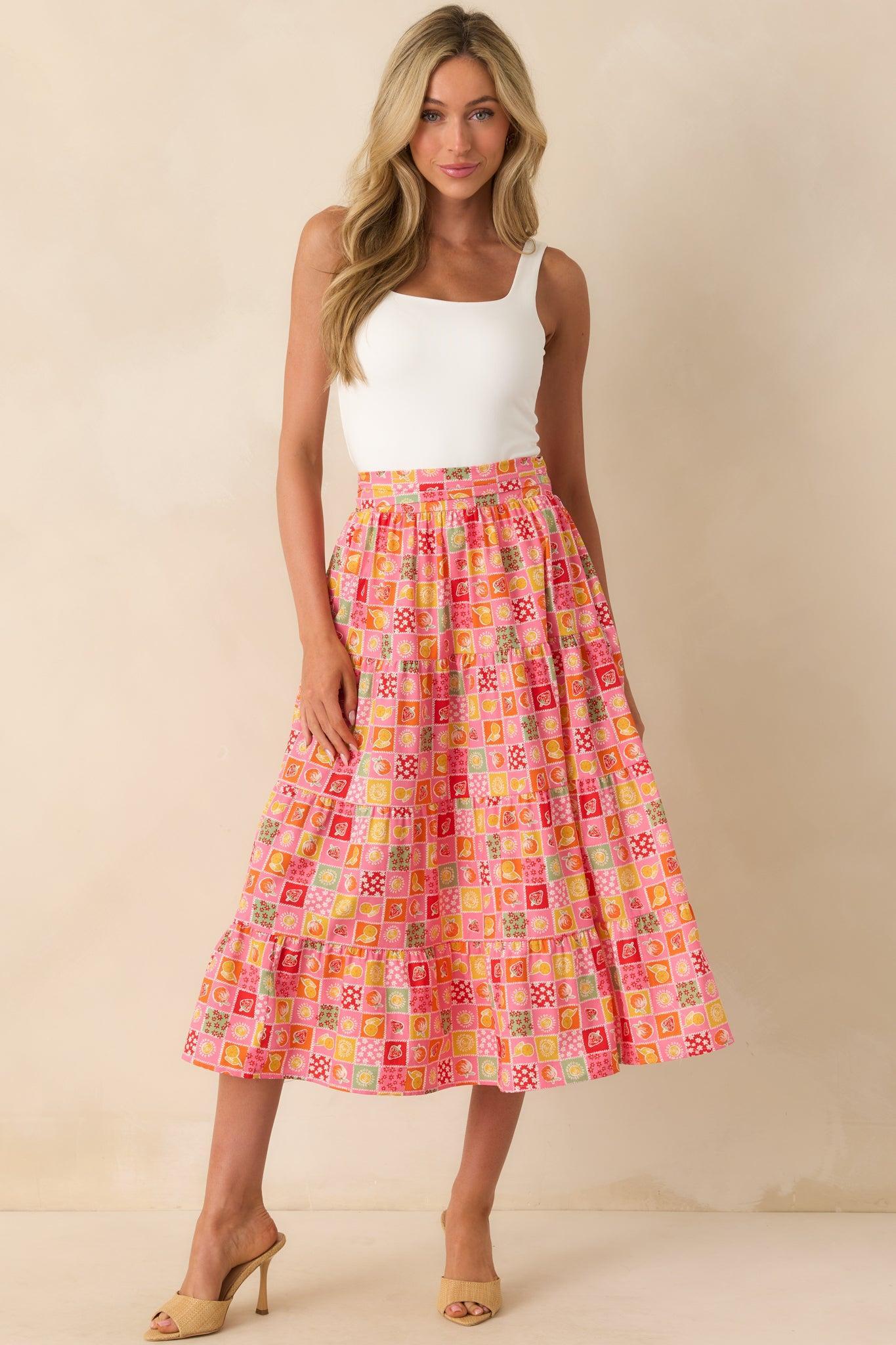 Looks Just Right Pink Multi Patchwork Print Midi Skirt Product Image