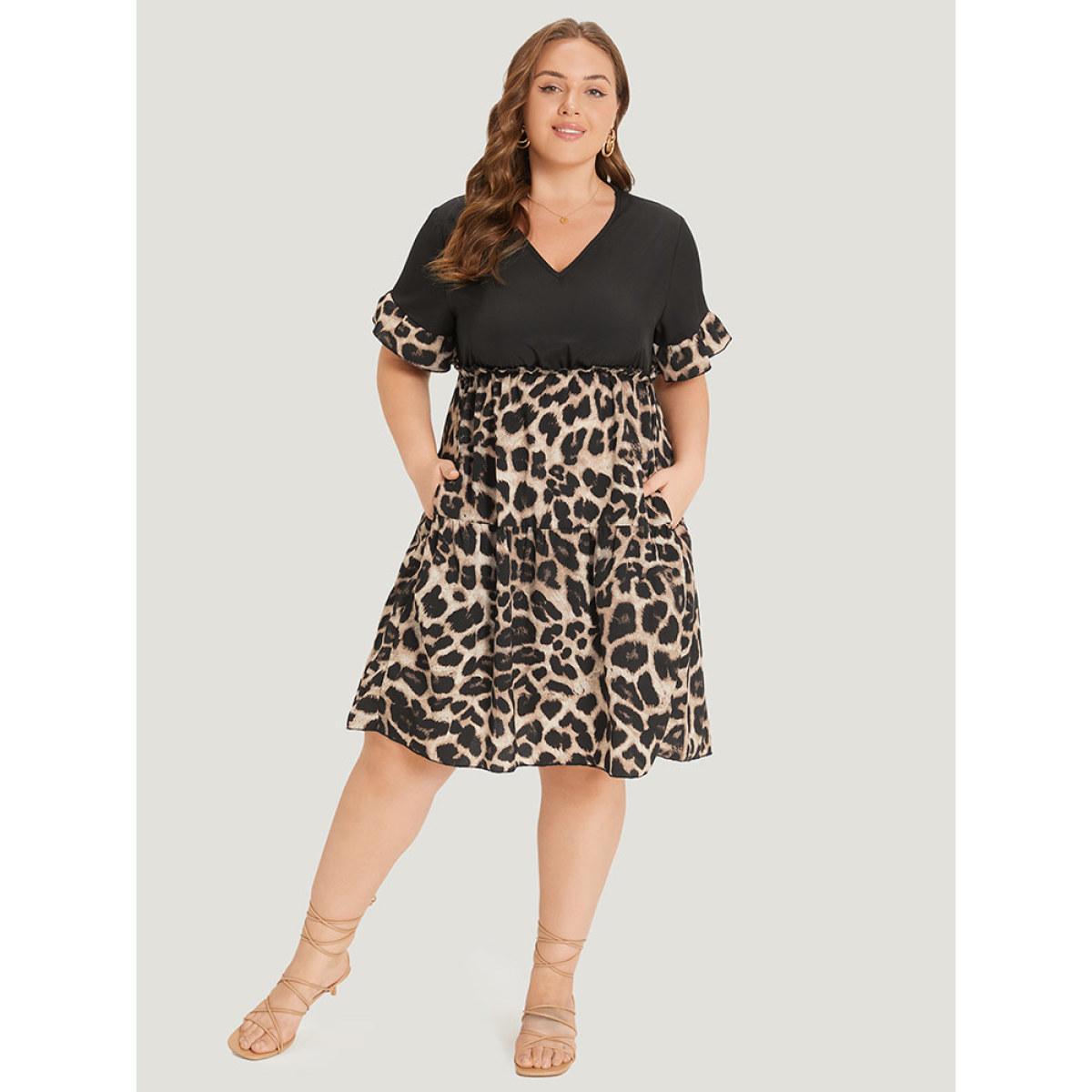 Plus Size Leopard Print Patchwork V Neck Bell Sleeve Dress Black Women Elegant Patchwork V-neck Short sleeve Curvy Knee Dress BloomChic 10/M Product Image