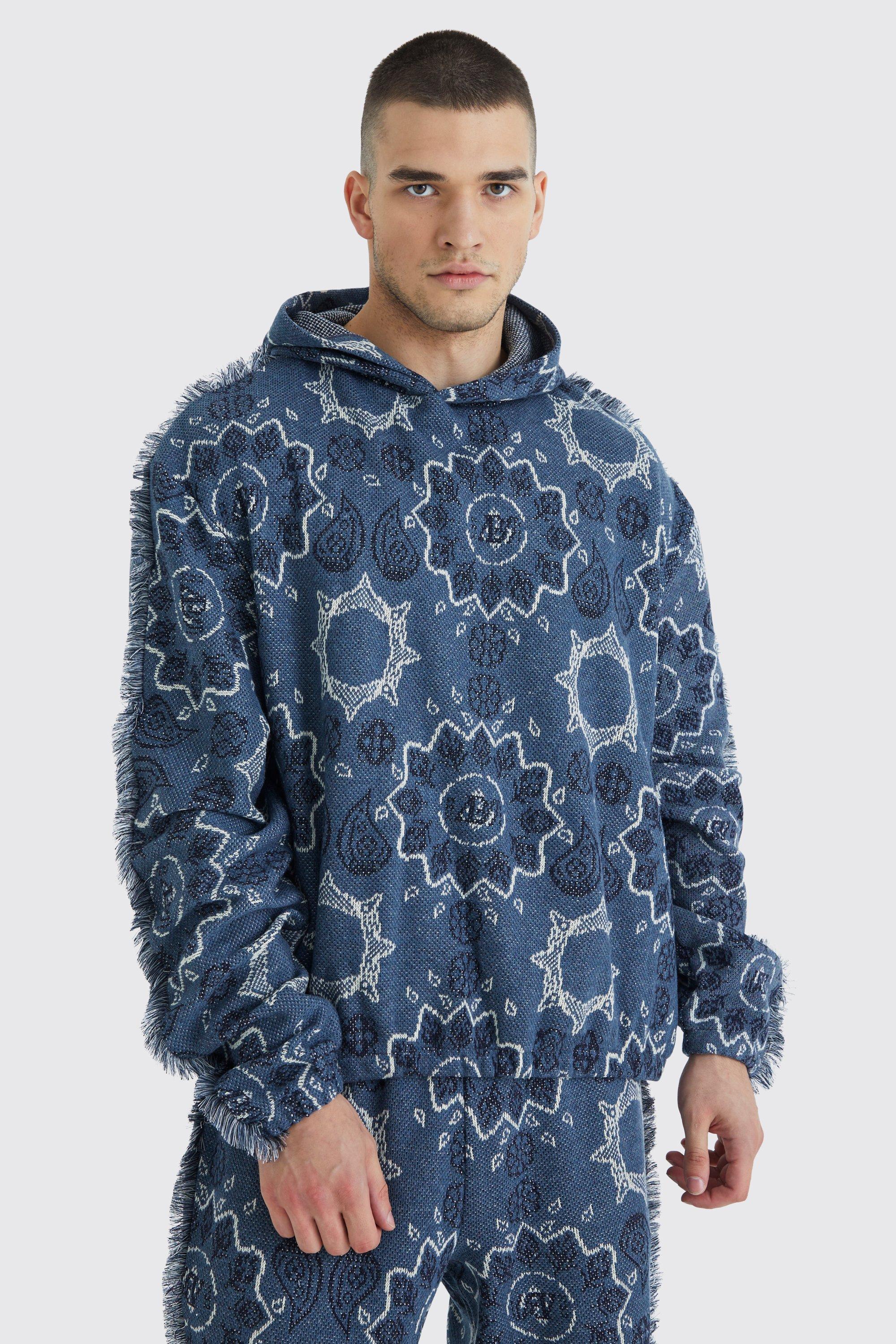 Tall Oversized Fringed Heavyweight Jacquard Tapestry Hoodie | boohooMAN USA Product Image