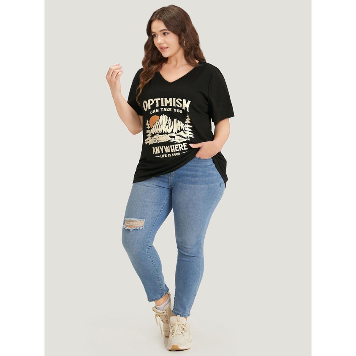 Plus Size Landscape & Letter Print V Neck T-shirt Black Women Casual Printed Landscape Dailywear T-shirts BloomChic 30/6X Product Image