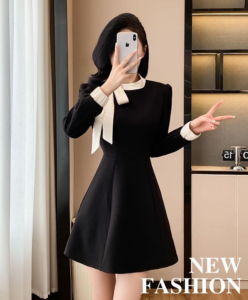 Long-Sleeve Plain Contrast Trim Bow Mini A-Line Dress Product Image