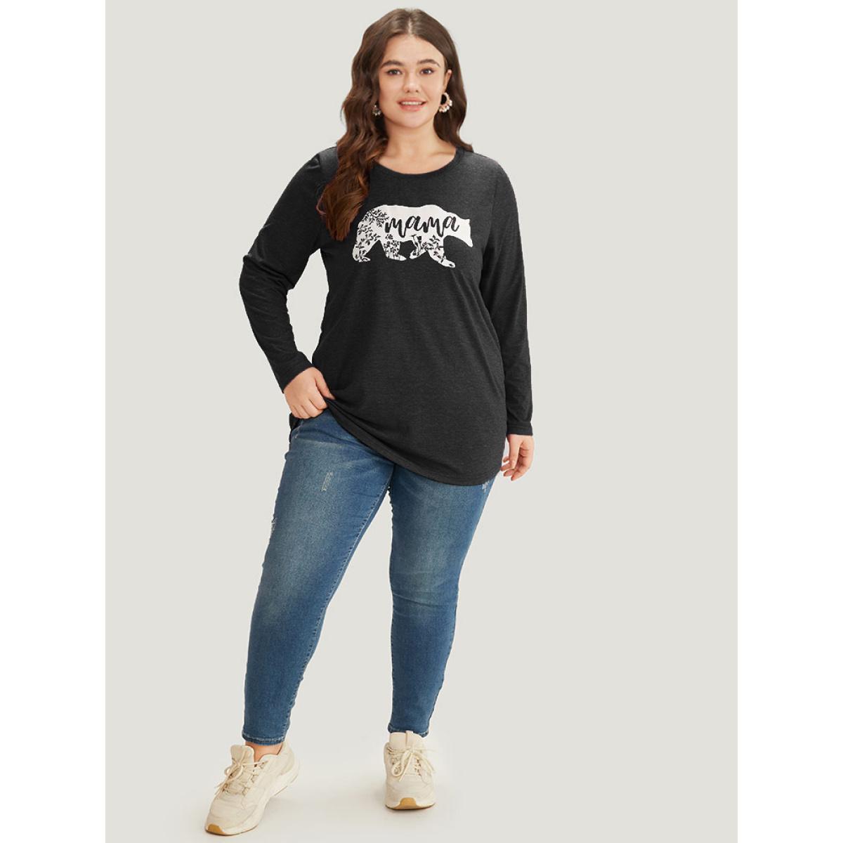 Plus Size Animal & Letter Print Round Neck T-shirt Black Women Casual Printed Occupation Dailywear T-shirts BloomChic 12/L Product Image