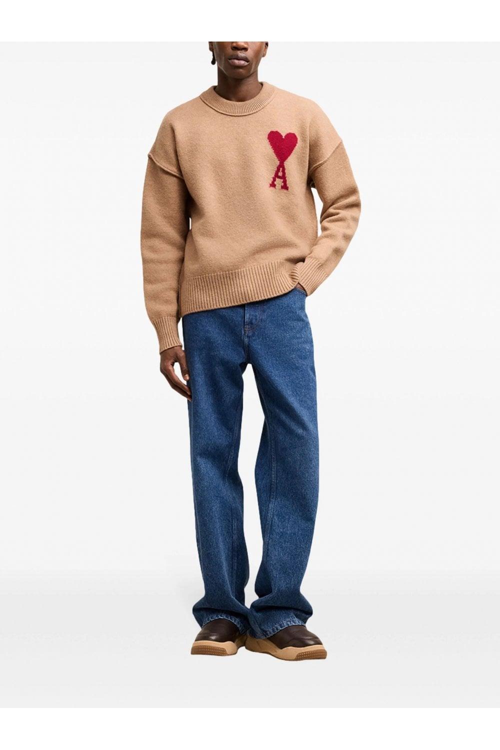 AMI ALEXANDRE MATTIUSSI Ami De Coeur Wool Sweater In Camel/ Red Product Image