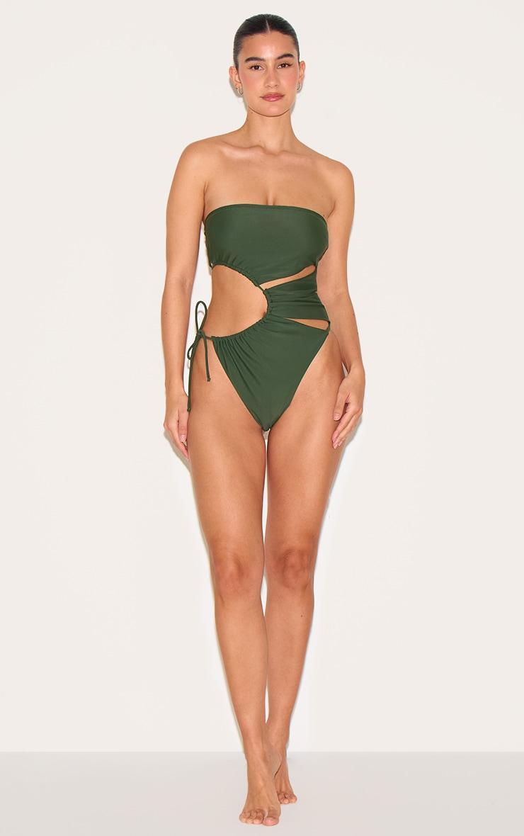 Khaki Bandeau Cut Out Tie Swimsuit Product Image