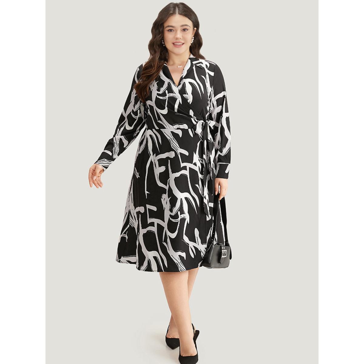 Plus Size Geometric Print Pocket Wrap Ties Dress BlackFlower Women Office Wrap V-neck Long Sleeve Curvy Midi Dress BloomChic 30/6X Product Image