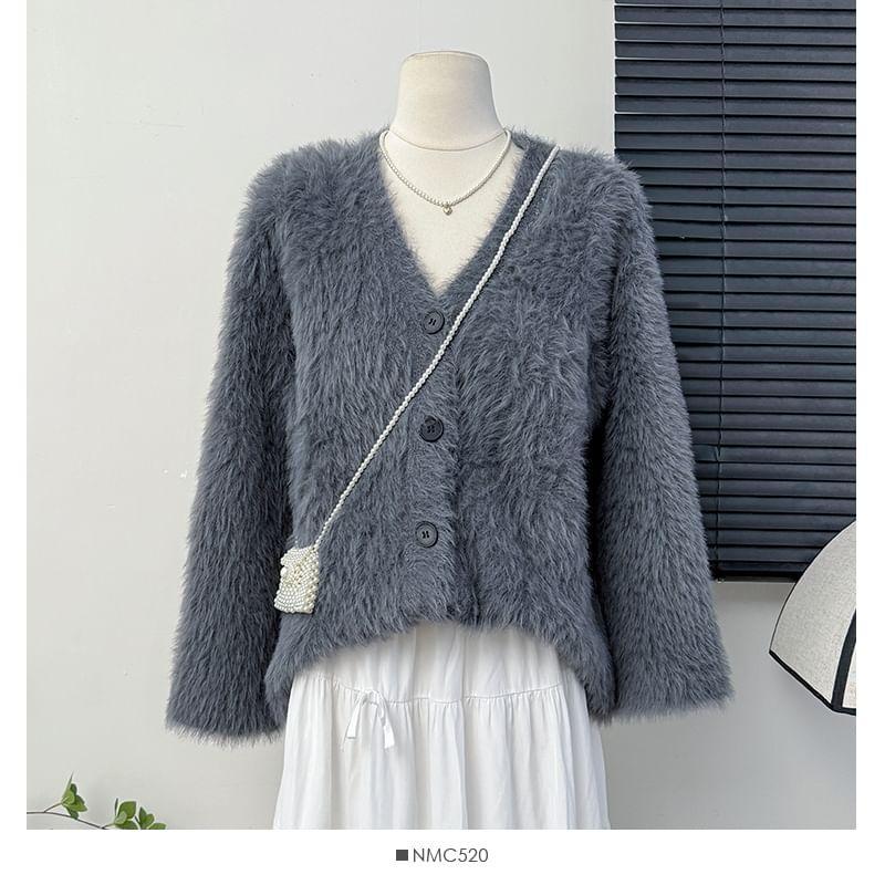 Faux-Fur V-Neck Cardigan Product Image