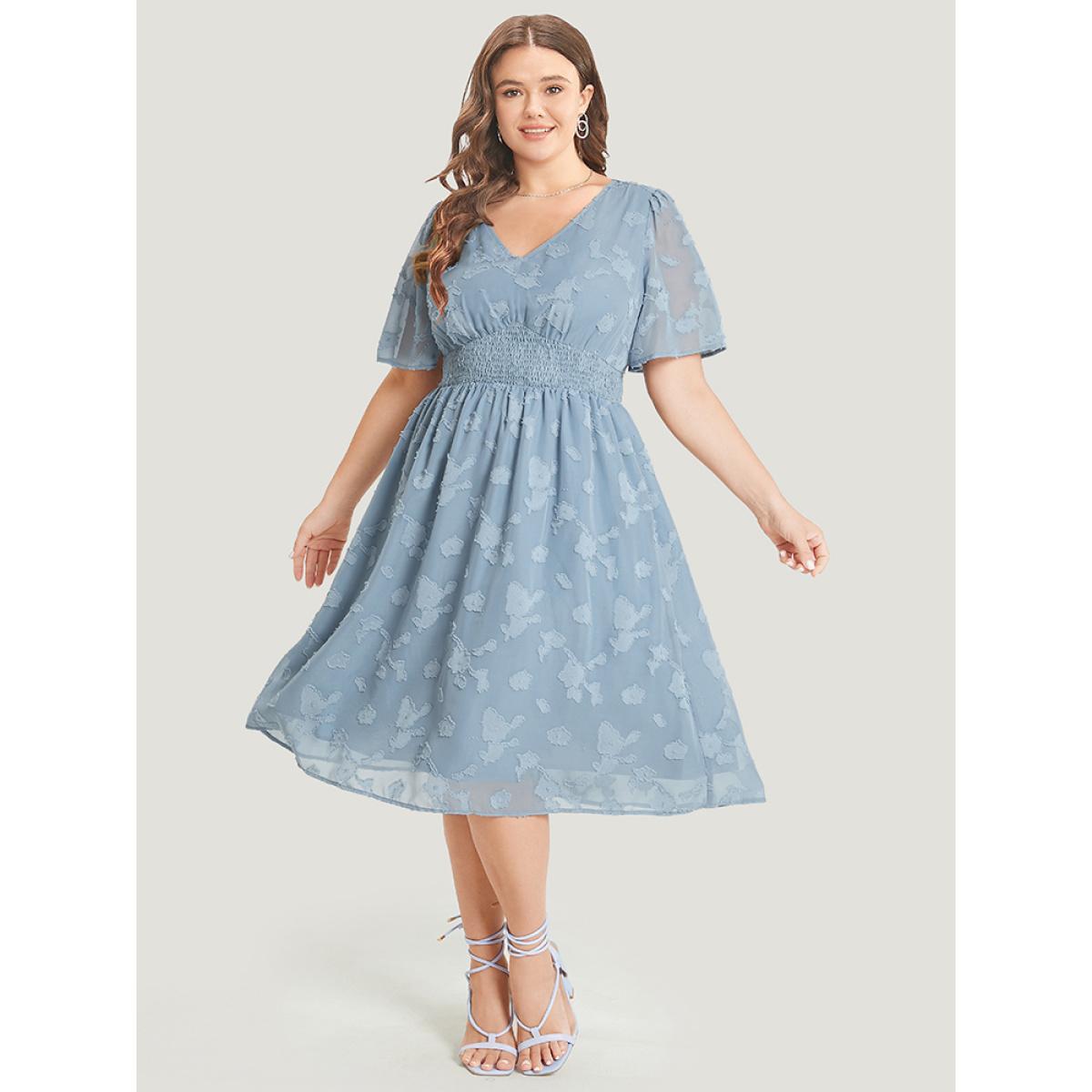 Plus Size Solid Textured Ruffle Pocket Shirred Waist Dress Stone Women Elegant Lined V-neck Short sleeve Curvy Midi Dress BloomChic 28/5X Product Image