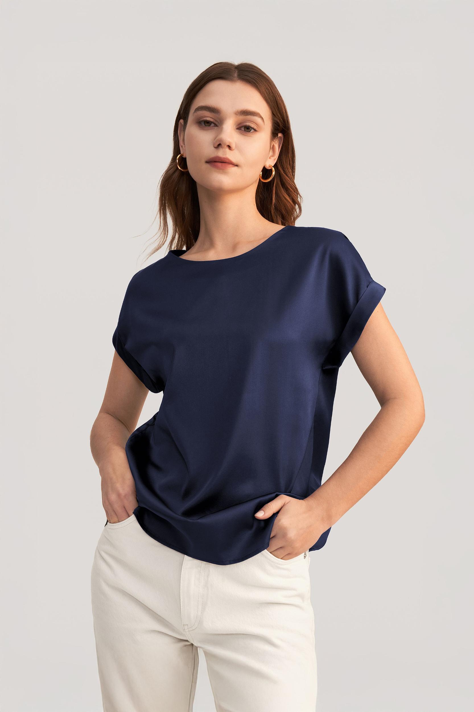 LILYSILK Women Silk Tee Shirts Black Quality Stretchy Silk Soft Classic Round Neck Rolled Cuffs Silk Top XS Product Image