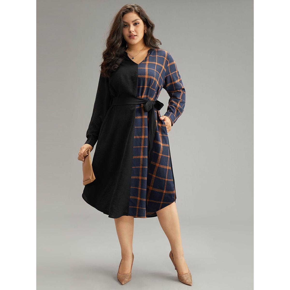 Plus Size Plaid Patchwork Notched Belted Dress Black Women Office Belted Notched collar Long Sleeve Curvy Midi Dress BloomChic 18-20/2X Product Image