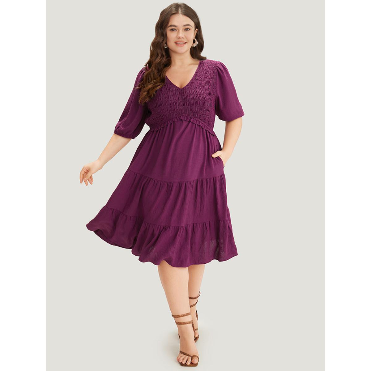 Plus Size Solid Shirred Pocket Frill Trim Layered Dress Purple Women Elegant Plain V-neck Short sleeve Curvy Midi Dress BloomChic 18-20/2X Product Image
