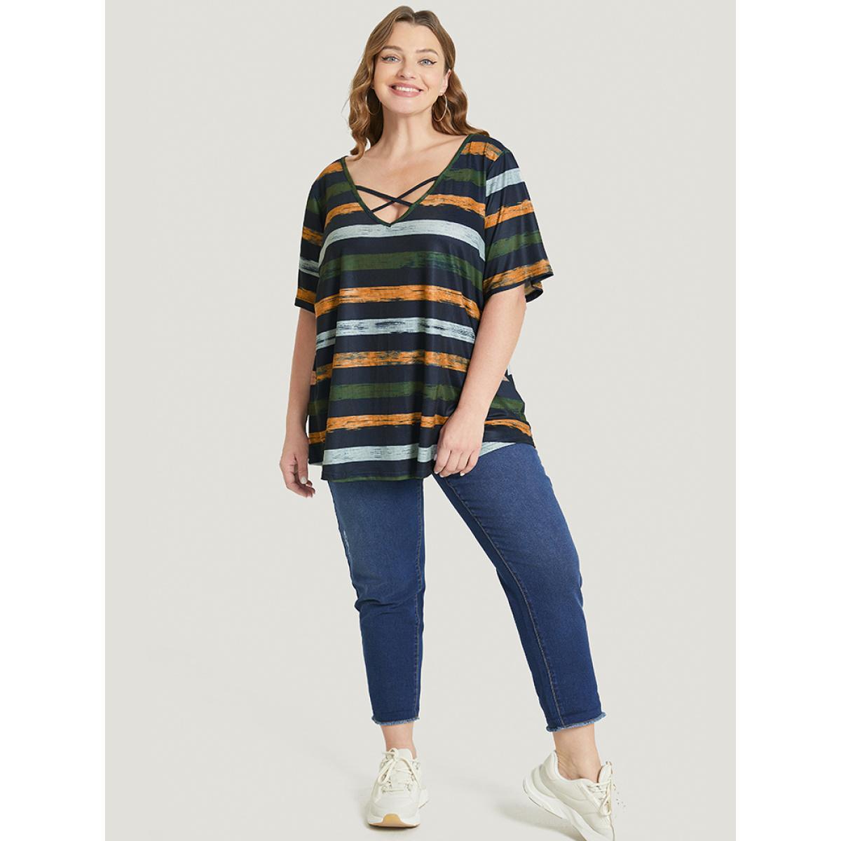 Plus Size Striped Contrast Crisscross Neck T-shirt Moss Women Casual Striped V-neck Dailywear T-shirts BloomChic 30/6X Product Image