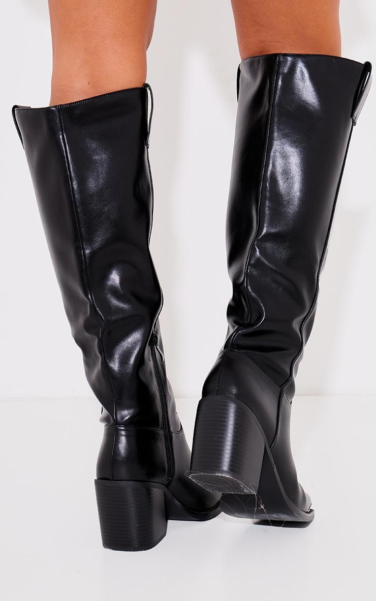 Black PU Square Toe Knee High Block Heeled Western Boots Product Image