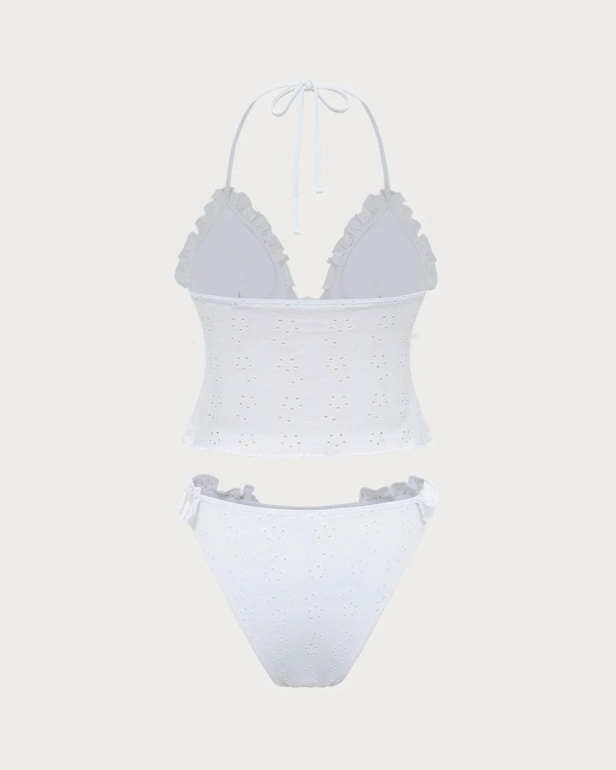 White Ruffled Tankini Swimsuit Product Image
