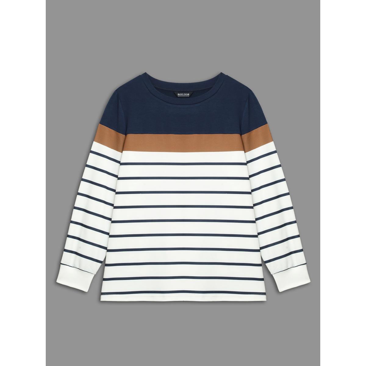 Plus Size Striped Contrast Round Neck Sweatshirt Women Midnight Casual Contrast Loose Round Neck Everyday Sweatshirts BloomChic 10/M Product Image