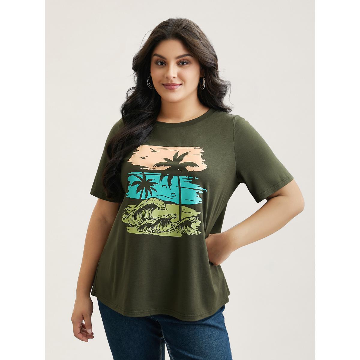 Plus Size Vacation Print Round Neck T-Shirt ArmyGreen Women Casual Non Tropical Round Neck Everyday T-shirts BloomChic 26/4X Product Image