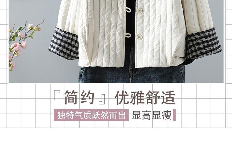 Round Neck Plaid Panel Padded Button Jacket Product Image