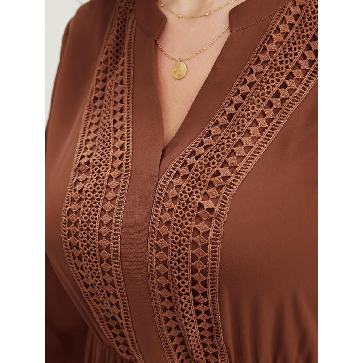 Plus Size Solid V Neck Pocket Contrast Lace Ruffle Hem Dress Russet Women Office Patchwork V-neck Long Sleeve Curvy Midi Dress BloomChic 30/6X Product Image