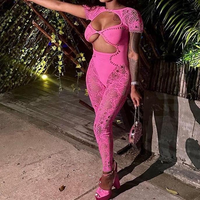 Short-Sleeve Cutout Lace Jumpsuit Product Image