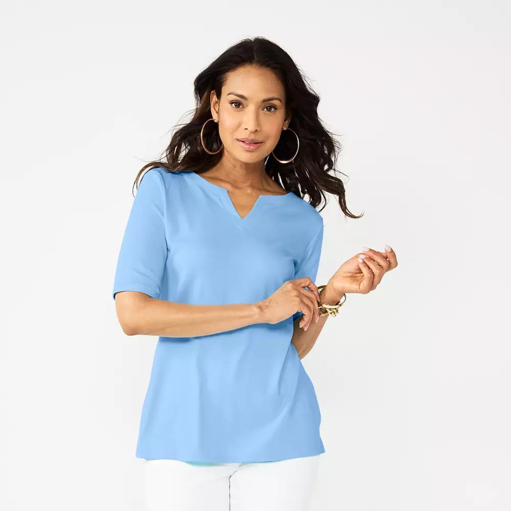 Petite Croft & Barrow® Elbow Sleeve Splitneck Top, Women's, Size: Large Petite, Hepatica Blue Product Image