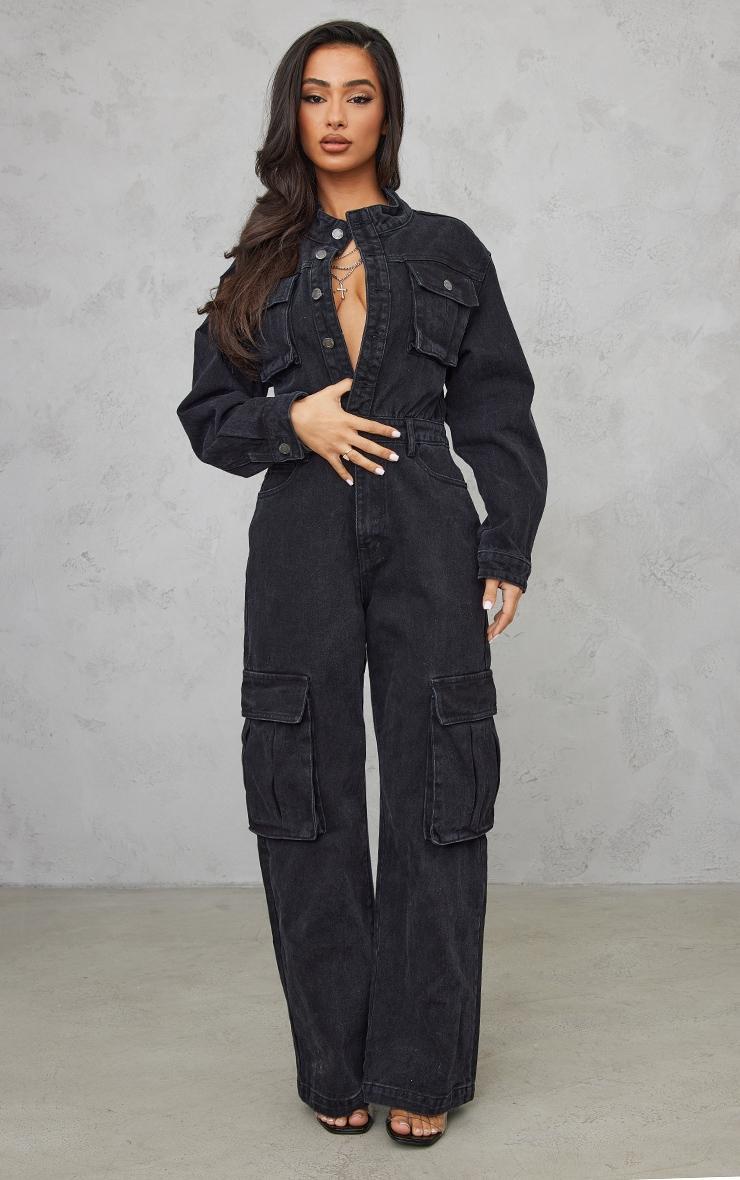 Petite Black Denim Cargo Wide Leg Jumpsuit Product Image