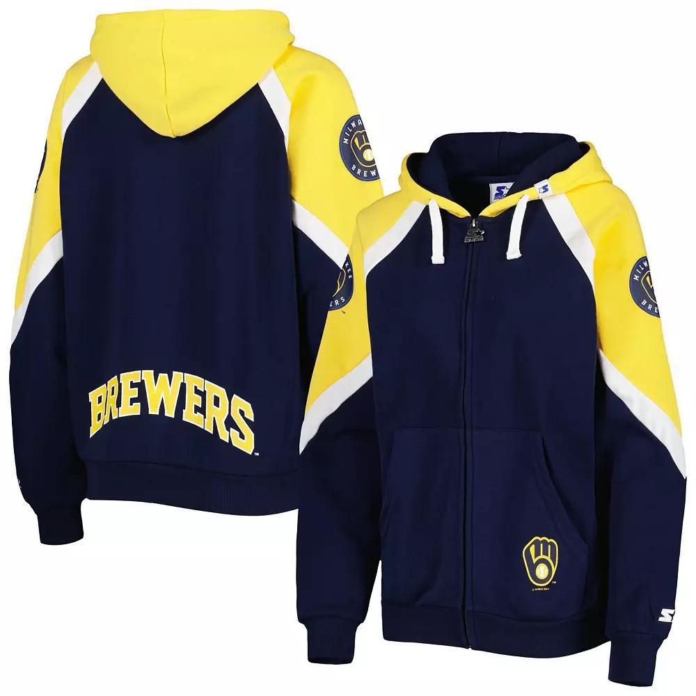 Women's Starter Navy/Gold Milwaukee Brewers Hail Mary Full-Zip Hoodie, Size: Large, Blue Product Image