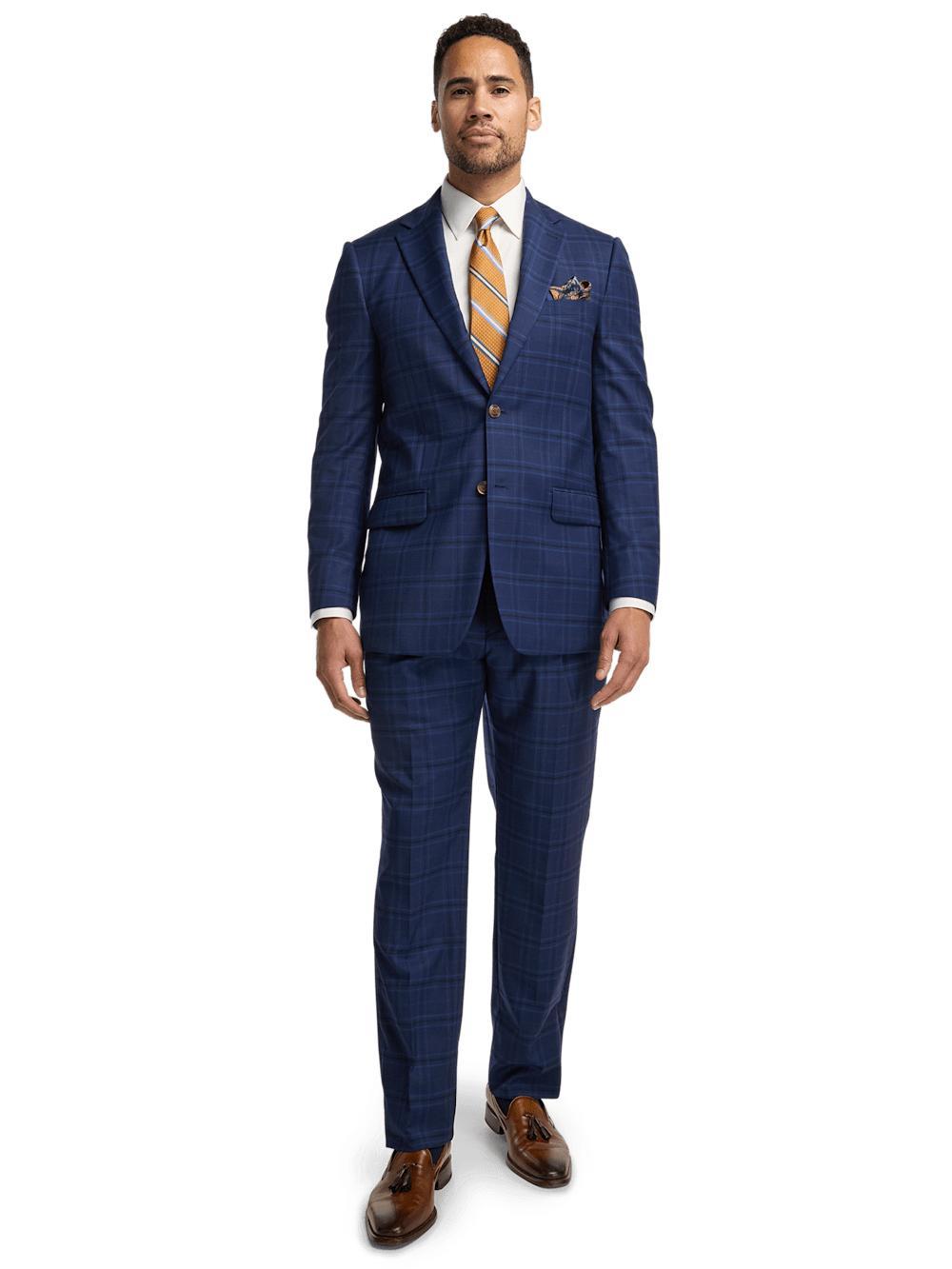 Wool Stretch Plaid Single Breasted Notch Lapel Suit - Blue Product Image