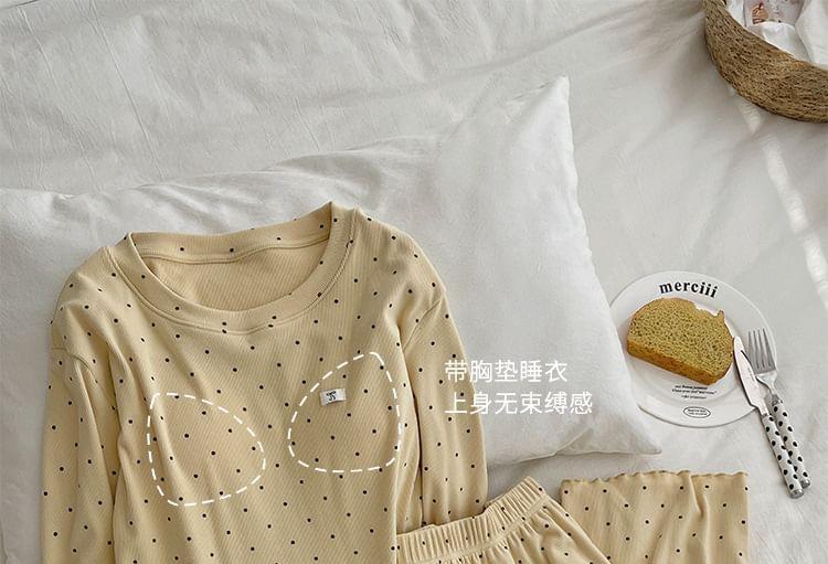 Pajama Set: Long-Sleeve Crew Neck Dotted Lettuce Edge T-Shirt + Pants Product Image