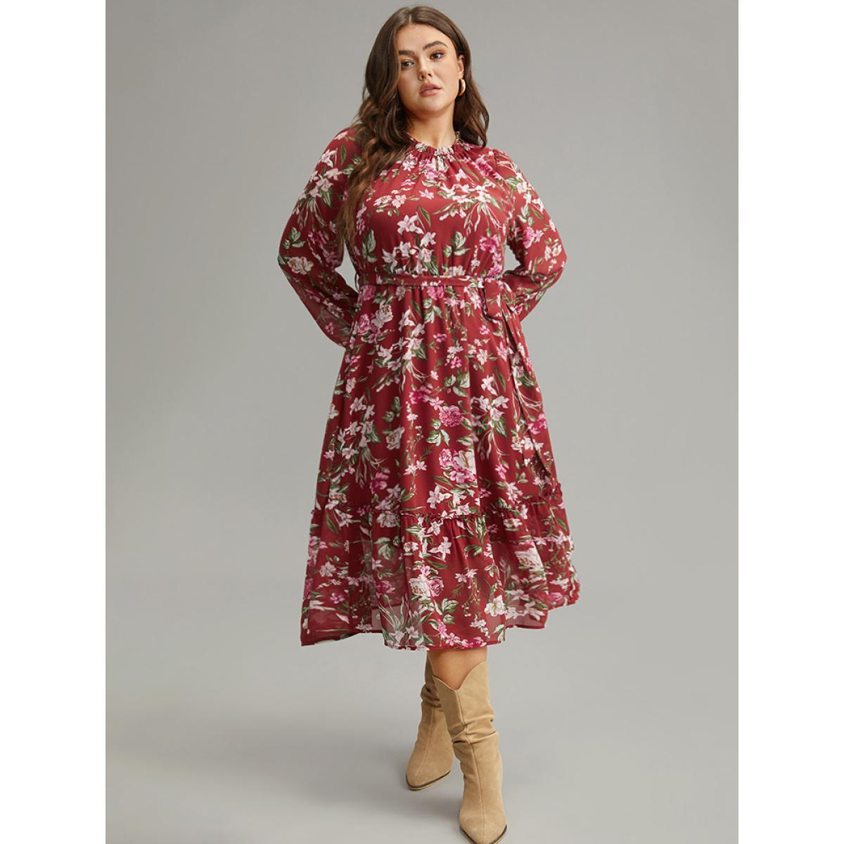 Plus Size Floral Print Belted Patchwork Gathered Dress Scarlet Women Elegant Elastic cuffs Round Neck Long Sleeve Curvy Midi Dress BloomChic 28/5X Product Image