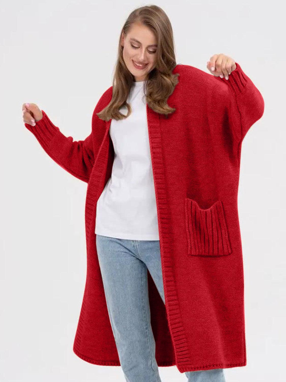 Pocketed Open Front Long Sleeve Longline Cardigan Product Image