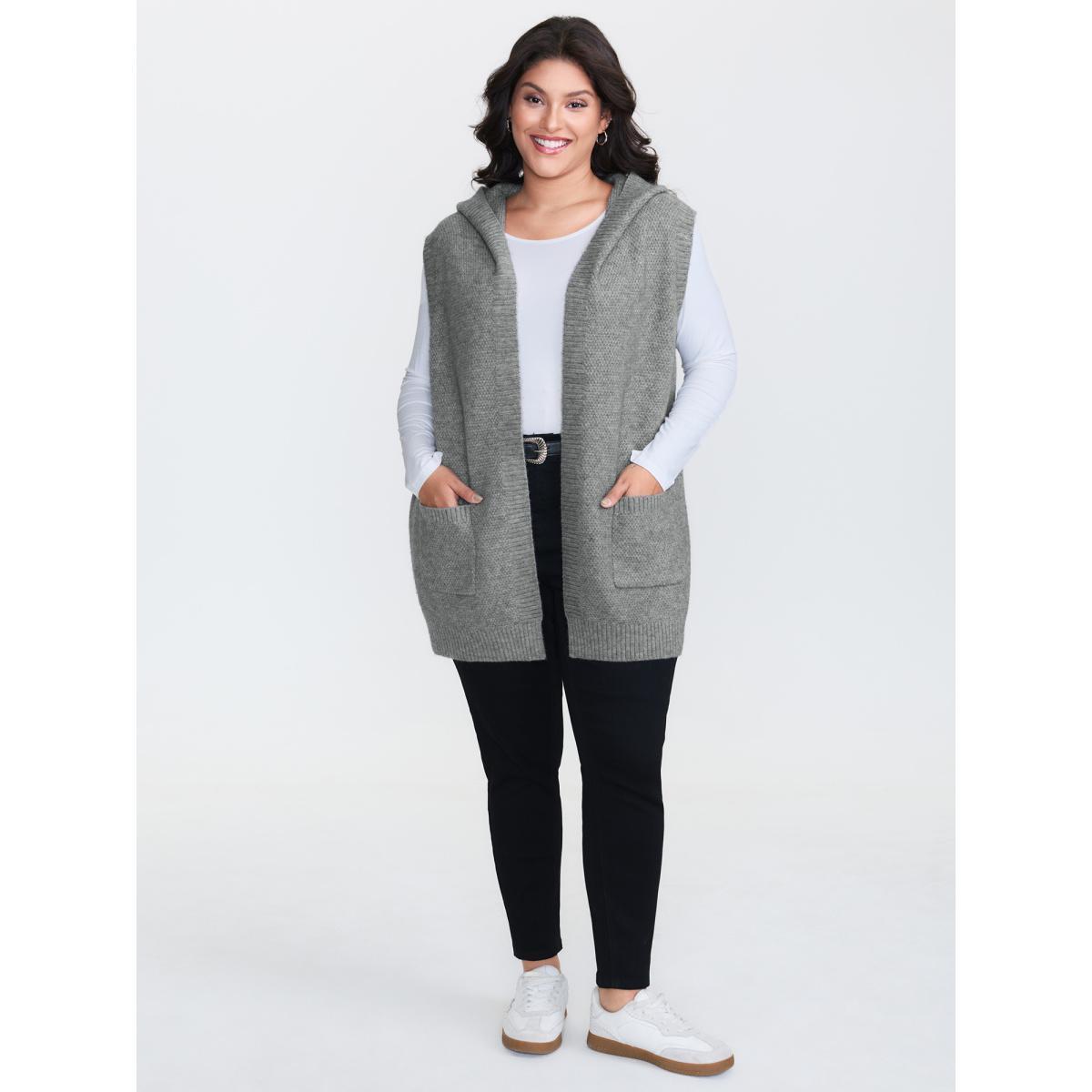 Plus Size Textured Hooded Pocketed Cardigan DarkGray Women Leisure Loose Sleeveless Casual Cardigans BloomChic 30/6X Product Image